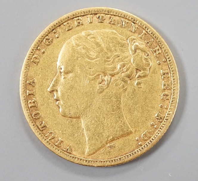 A Victoria 1876 Melbourne Mint gold sovereign.